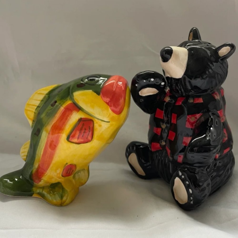 Flannel Black Bear and Fish Salt and Pepper Shakers